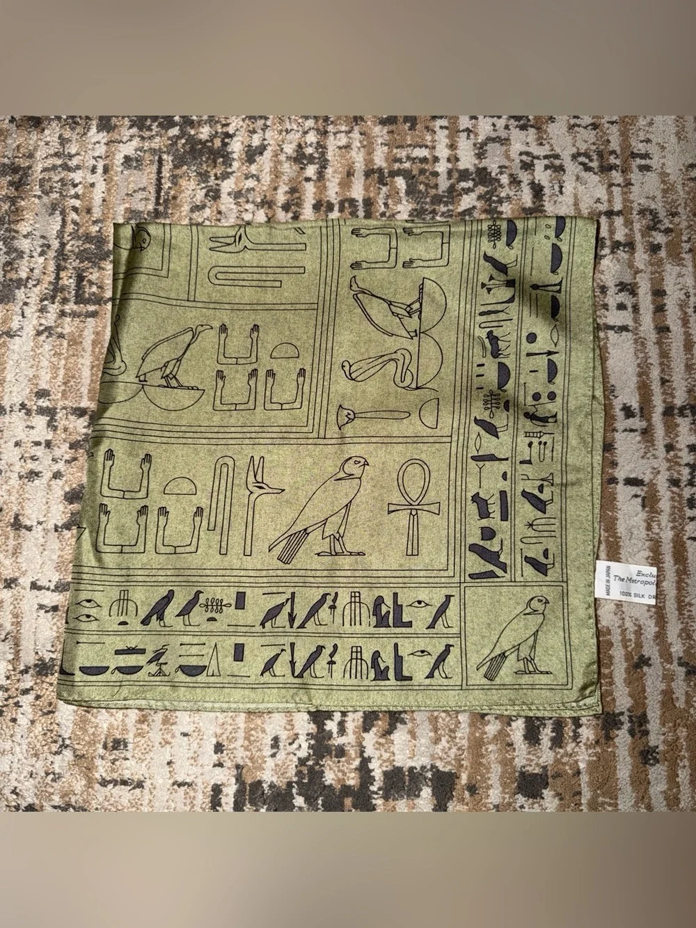 Egyptian Hieroglyph Print Lightweight Scarf in Olive Green